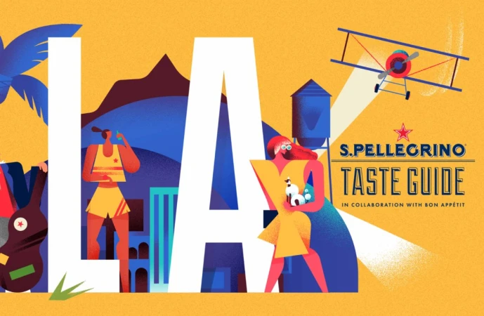 Illustration of LA with a woman holding a dog, a woman in athletic clothes, and an airplane, promoting the S. Pellegrino Taste Guide.
