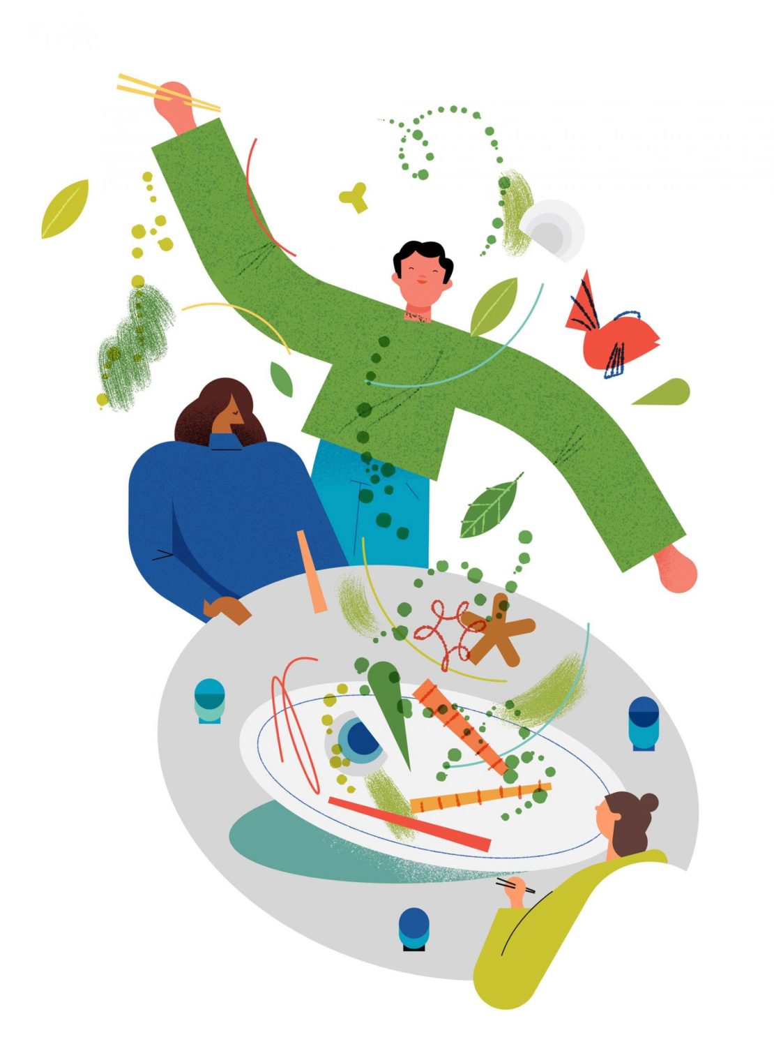 Illustration of three individuals around a table covered with a large plate of food, using chopsticks and dining in a cheerful atmosphere.