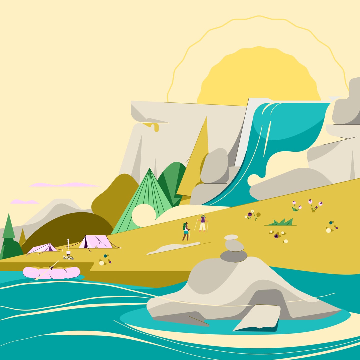 Stylized illustration of hikers, a waterfall, tents, and a raft in a nature scene with mountains, a river, and a bright yellow sun.