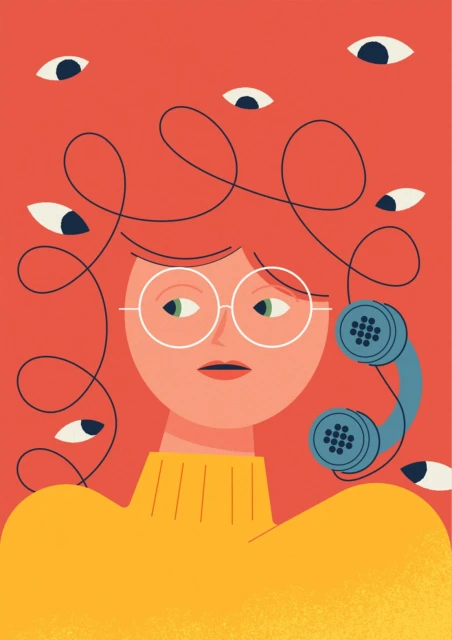 Illustration of a woman with red hair, wearing glasses and a yellow sweater, talking on a blue vintage telephone on red background.