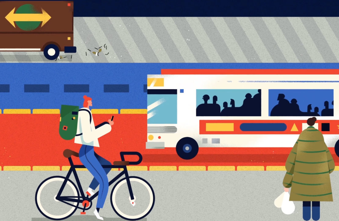 Stylized illustration of a bicycle rider with a backpack, a bus with passengers, a pedestrian, and a delivery truck on a city street.