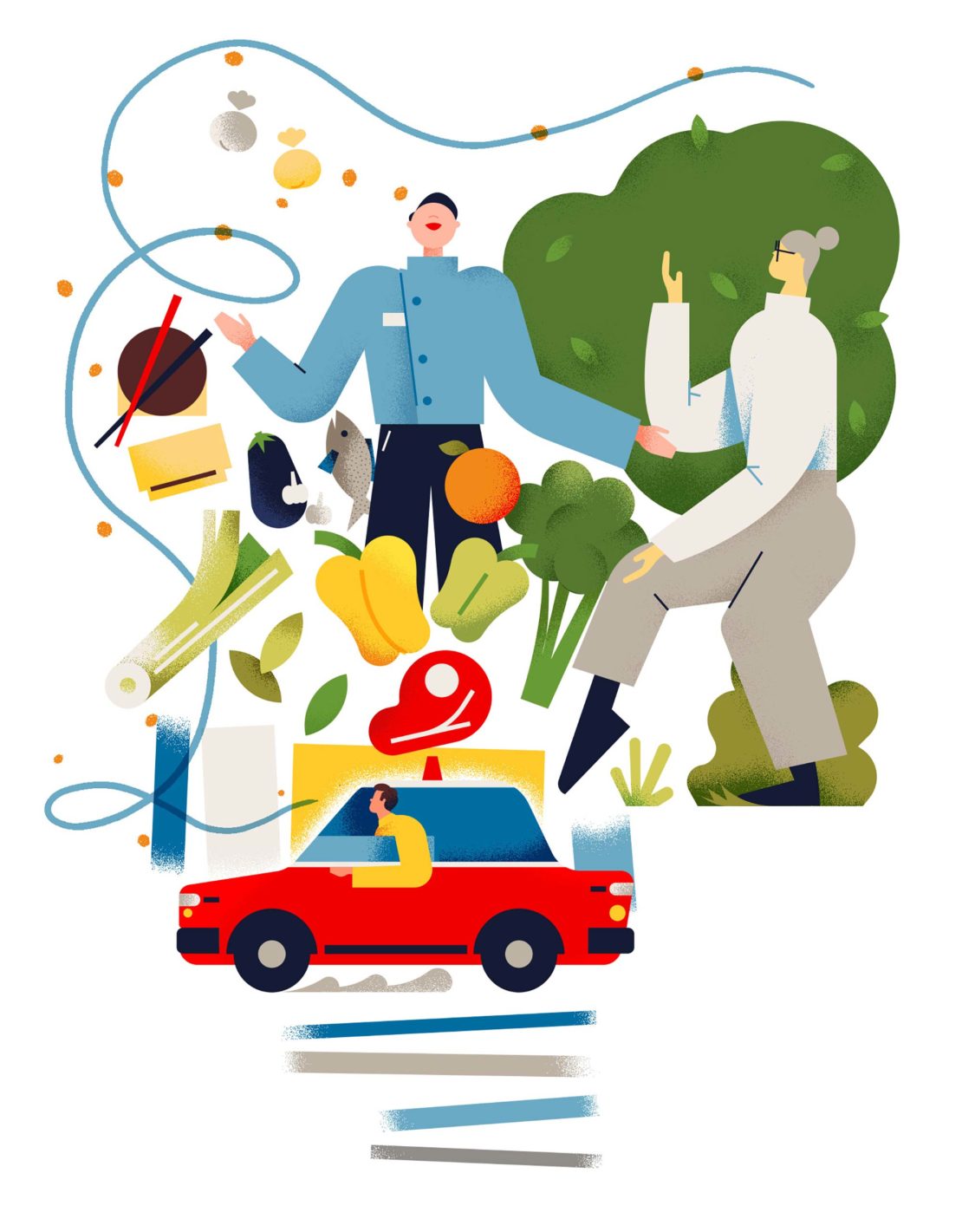 Whimsical vector illustration featuring a male chef, an older woman, produce, and a red car against a white background.