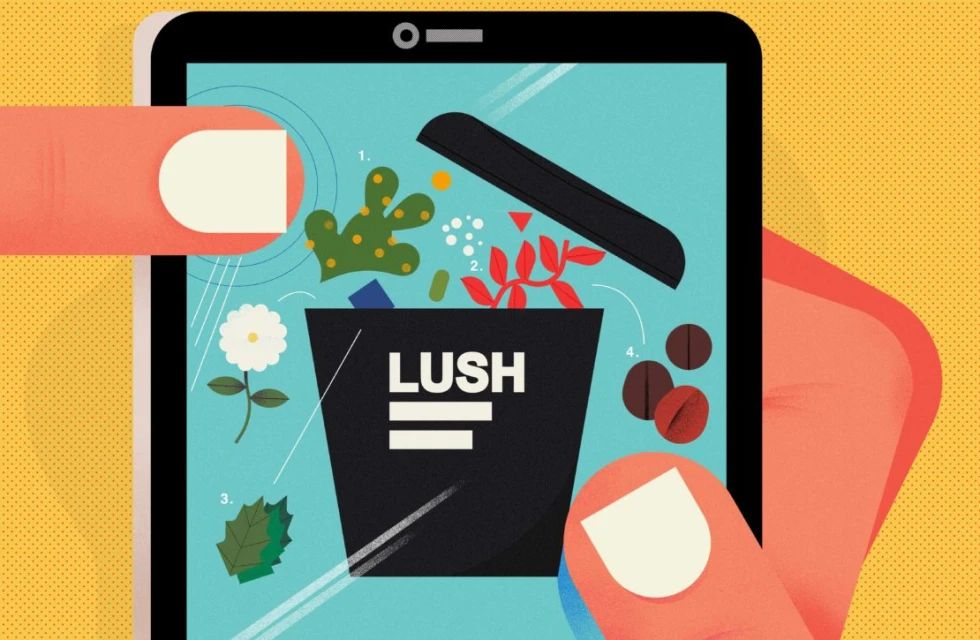 Conceptual illustration of a hand holding a phone with a black trash bin filled with plants and coffee beans and the text 'LUSH'.