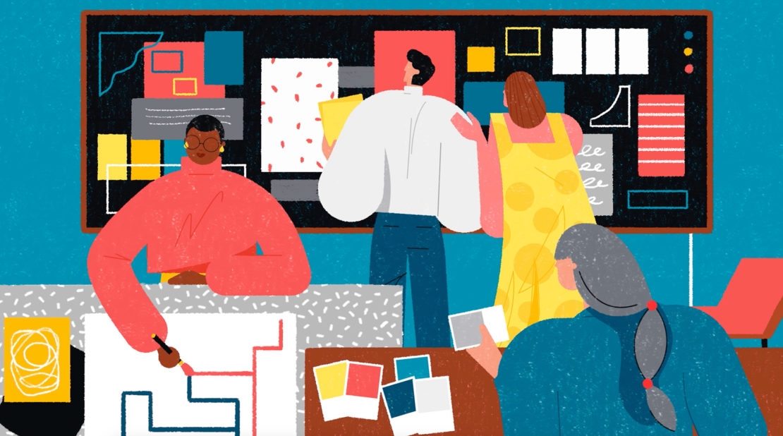 Illustration of four people collaborating on design project with a whiteboard, sketches, and colour swatches in an office setting.