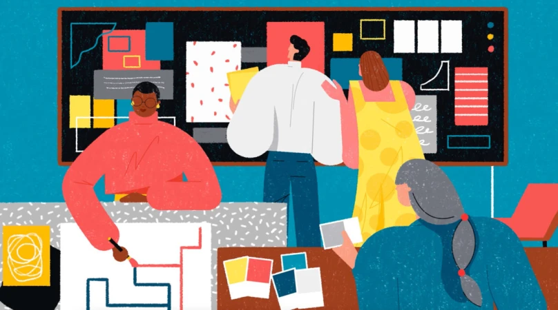 Illustration of four people collaborating on design project with a whiteboard, sketches, and colour swatches in an office setting.