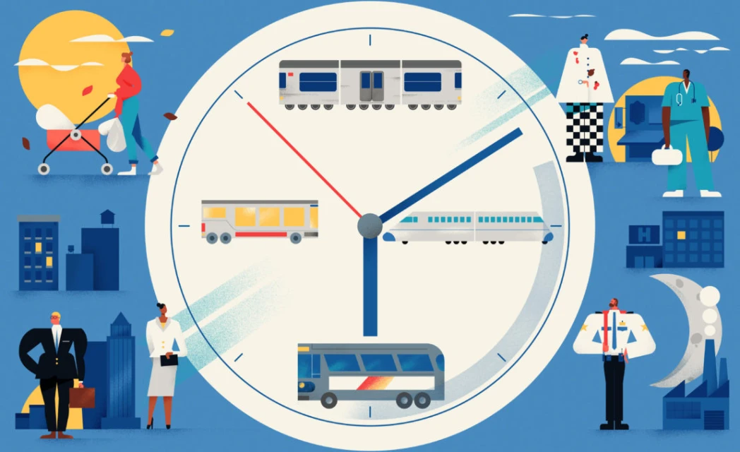 Conceptual illustration of transportation modes inside a clock face with people representing different professions and activities.