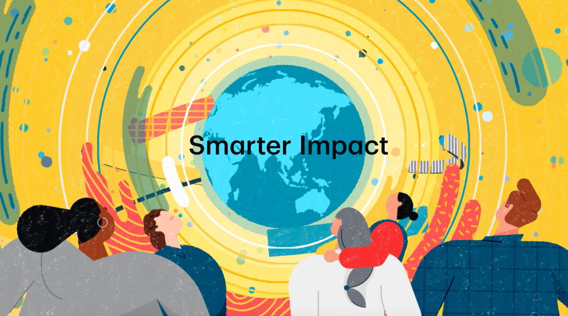 Illustration of people looking at a world globe with hands around it, surrounded by a yellow background with white and colorful abstract shapes.
