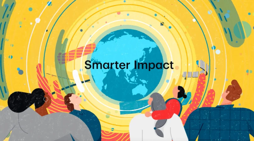 Illustration of people looking at a world globe with hands around it, surrounded by a yellow background with white and colorful abstract shapes.