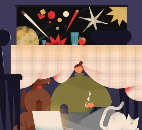 Illustration of a person in a green sweater holding a mug under a draped blanket with a dog and a cat nearby.