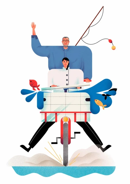 Illustration of a man and woman on a motor scooter wearing a chef's coat and fishing gear with colorful design elements.