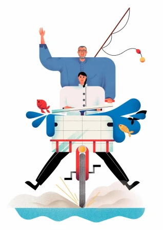 Illustration of a man and woman on a motor scooter wearing a chef's coat and fishing gear with colorful design elements.