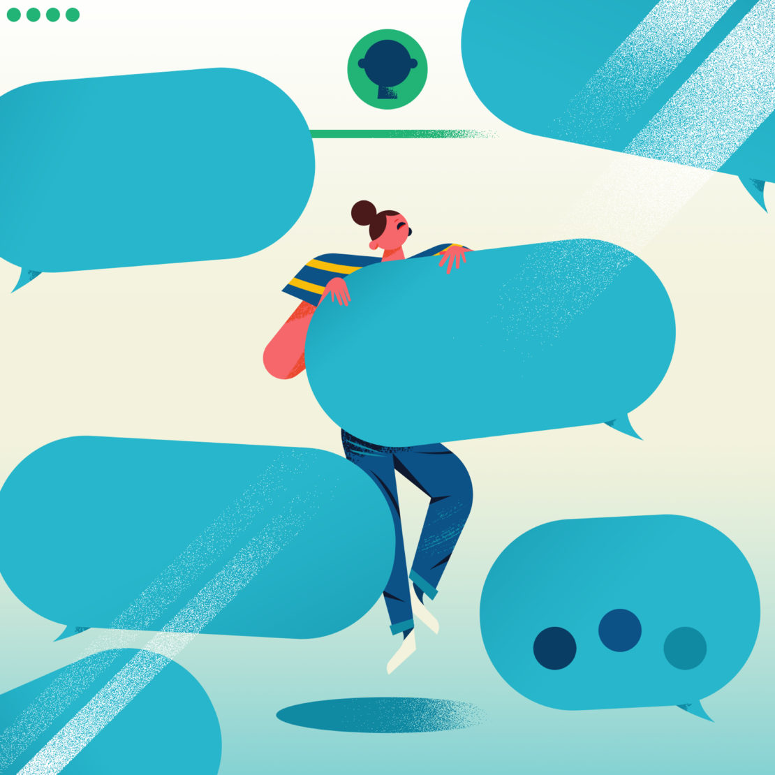 Illustration of a woman holding a large speech bubble, surrounded by other speech bubbles, conveying a message, communication, or idea.