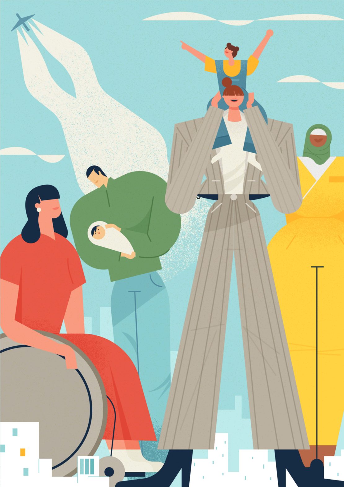 Illustration showing a diverse group of people, including a woman in a wheelchair, a mother with child, and an airplane vapor trail.