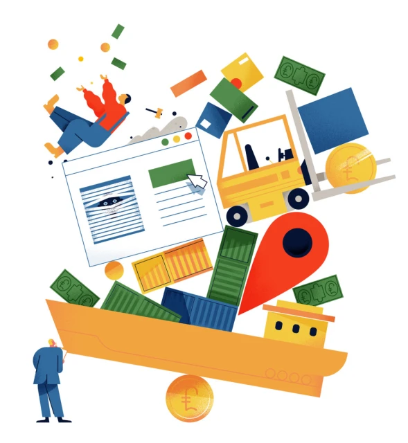 Digital art shows shipping, a website, and business elements balanced on a coin with two people present. Finance and trade illustration.