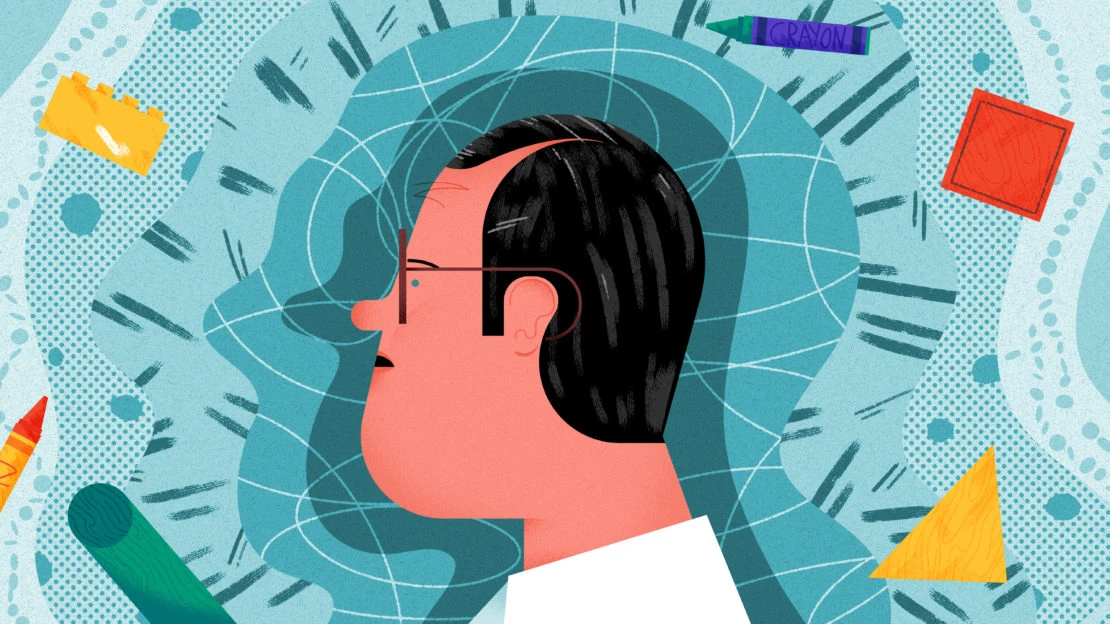 Illustration of an adult male in profile with eyeglasses, surrounded by geometric shapes and art supplies on a turquoise background.