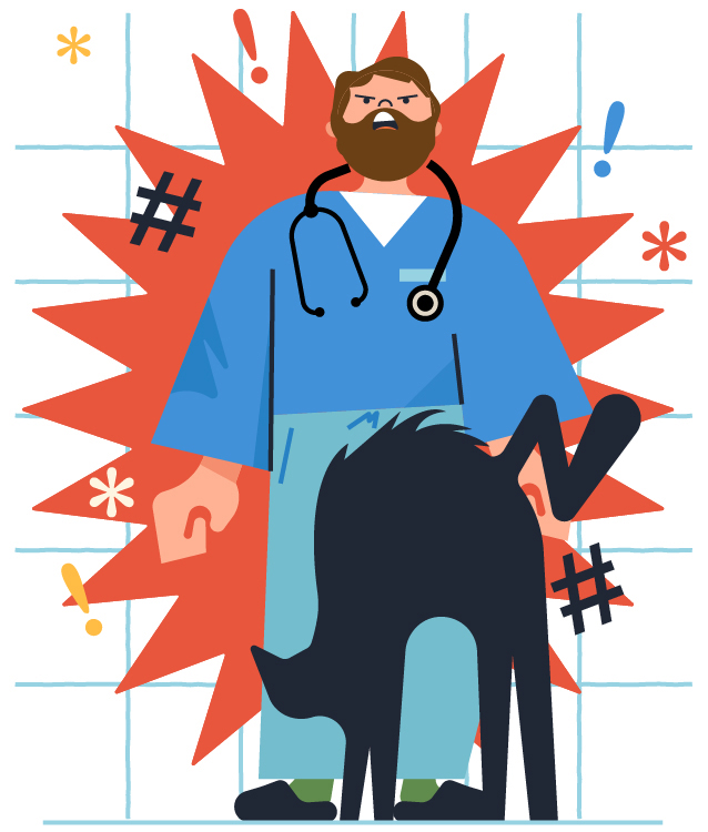 Illustration of a frustrated doctor in blue scrubs confronting a hissing black cat with a background of red starburst shapes.