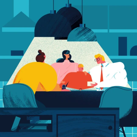 Stylized illustration of a meeting with four people gathered around a table with hanging lights in a room with blue walls.