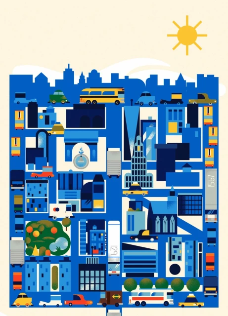 Illustration of a city skyline with various buildings, vehicles, and a bright sun on a cream-colored background, rendered in a flat, vector style.