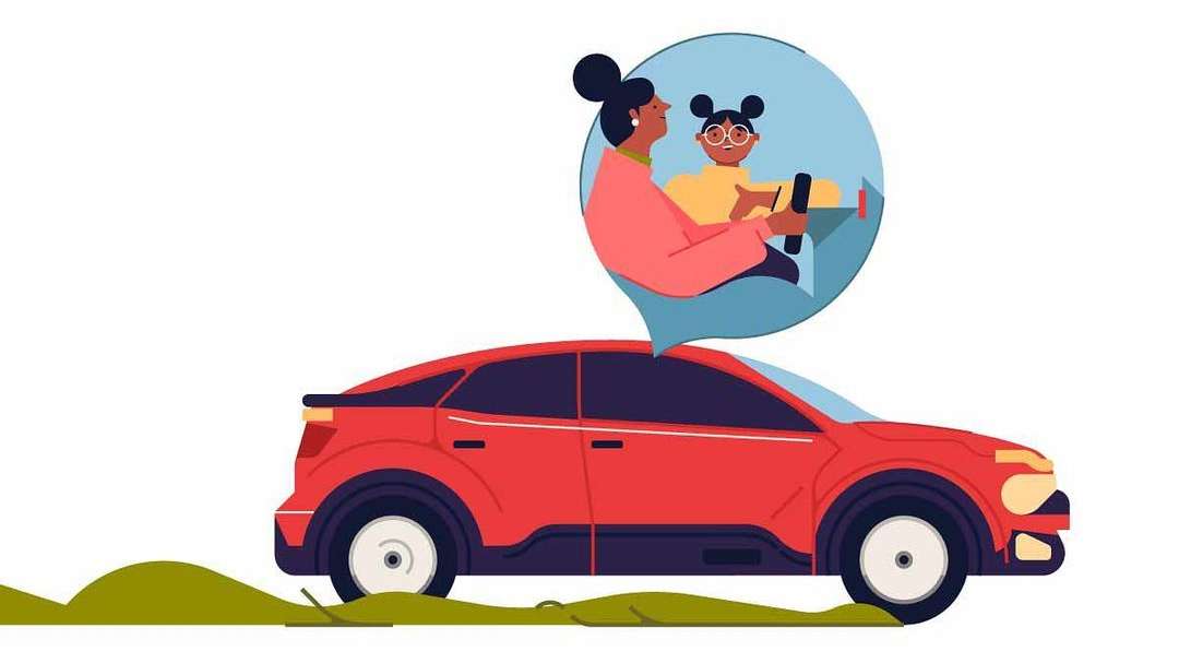 Illustration of a red car with a speech bubble showing a woman and child, capturing a moment of family connection and modern communication.