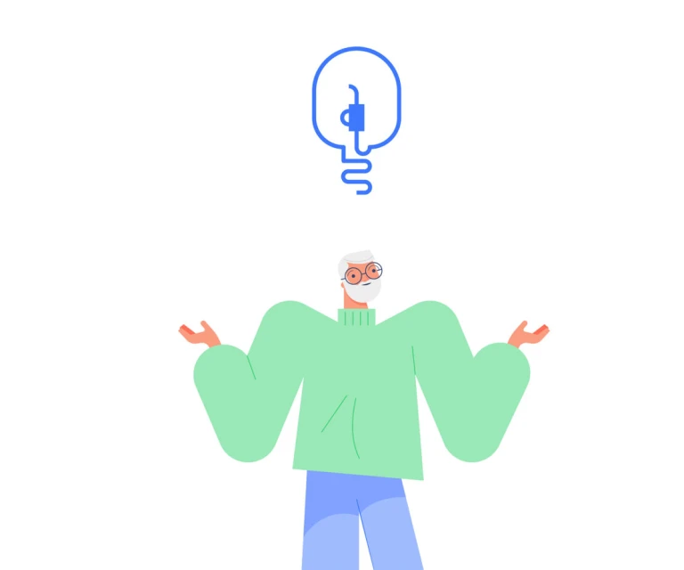 Illustration of an older adult with a beard under a lightbulb icon, suggesting an idea or innovation, set against a white background.