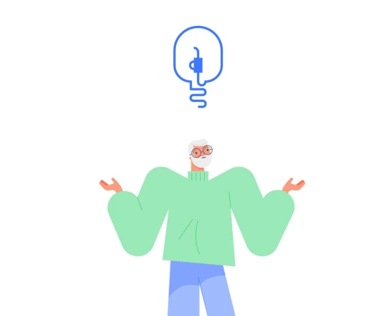 Illustration of an older adult with a beard under a lightbulb icon, suggesting an idea or innovation, set against a white background.