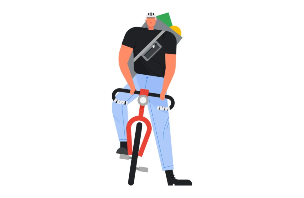 Illustration of an adult riding a red and black bicycle against a white background, wearing a black shirt, light blue jeans, and a white helmet.