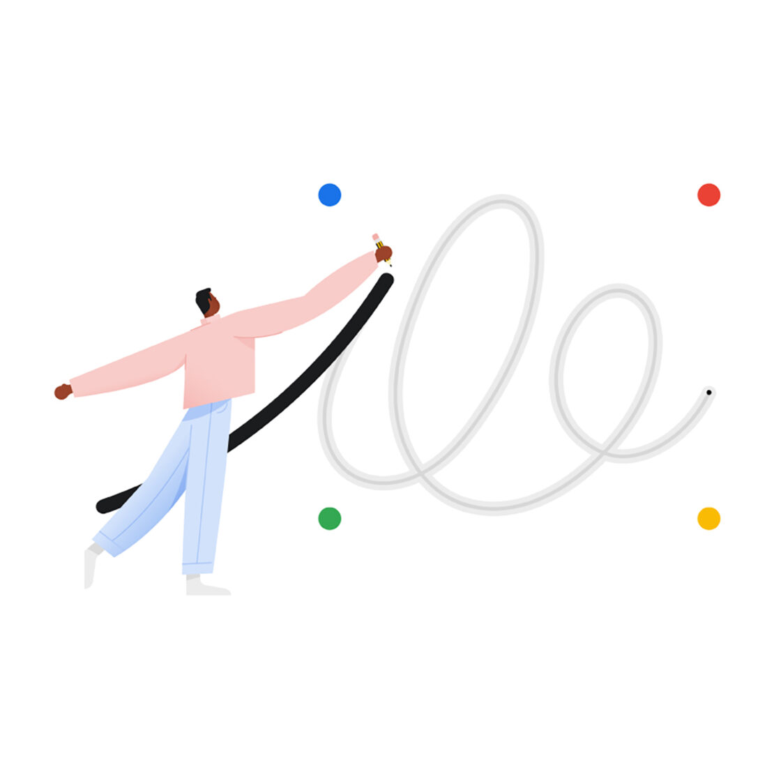 Illustration of a dark-skinned person drawing a black line with a pen, with a white curved line on a white background and colorful dots.