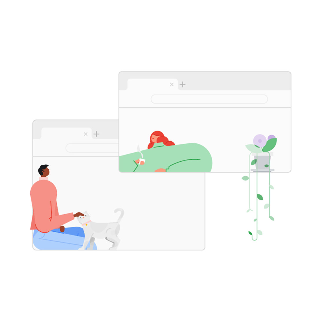 Illustration of two individuals interacting through separate windows, one petting a cat, the other holding a cup, next to a potted plant.