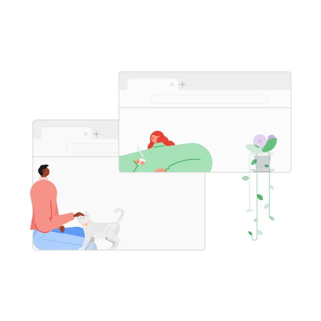Illustration of two individuals interacting through separate windows, one petting a cat, the other holding a cup, next to a potted plant.