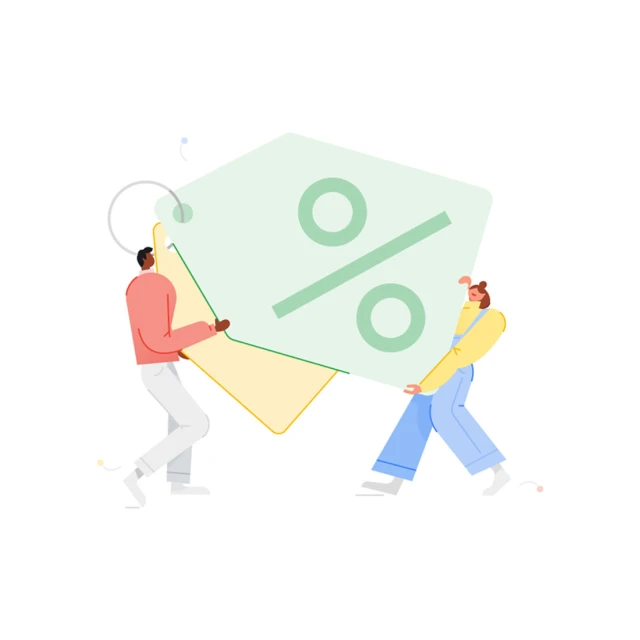 Illustration of two people carrying a large tag with a percentage symbol, set against a clean white backdrop, cartoon style, vector graphics.