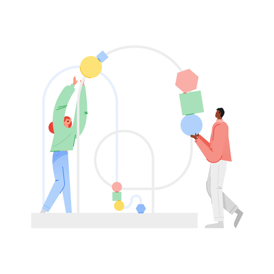 Digital illustration of two people, one raising a yellow ball, the other holding a stack of colorful geometric shapes, on a white background.