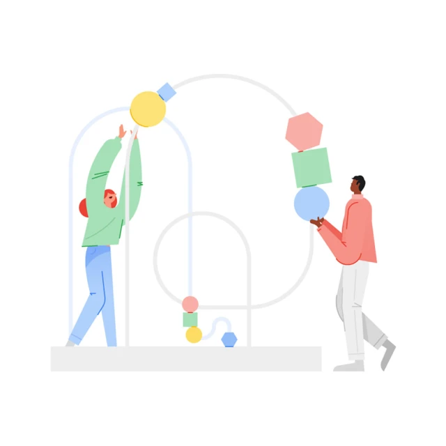 Digital illustration of two people, one raising a yellow ball, the other holding a stack of colorful geometric shapes, on a white background.