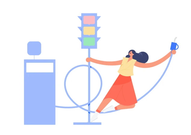 Stylized illustration of a woman holding a gas pump nozzle next to a traffic light and gas station, all in pastel colors.