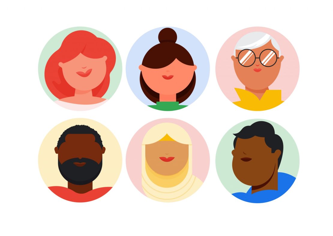 Diversity illustration of six cartoon-style people avatars with different skin tones, hair styles, and clothing isolated on white.