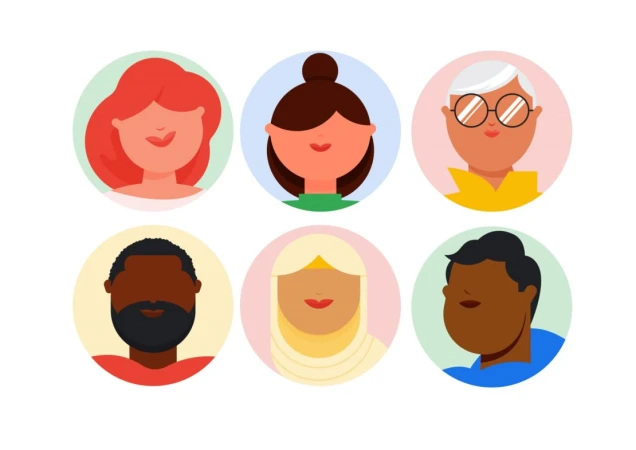Diversity illustration of six cartoon-style people avatars with different skin tones, hair styles, and clothing isolated on white.