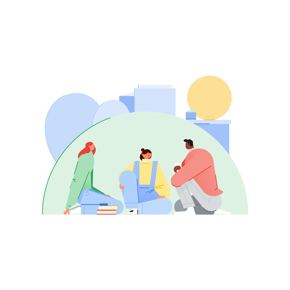 Illustration of three people sitting in a semi-circle on a grassy area with stylized buildings in the background. 