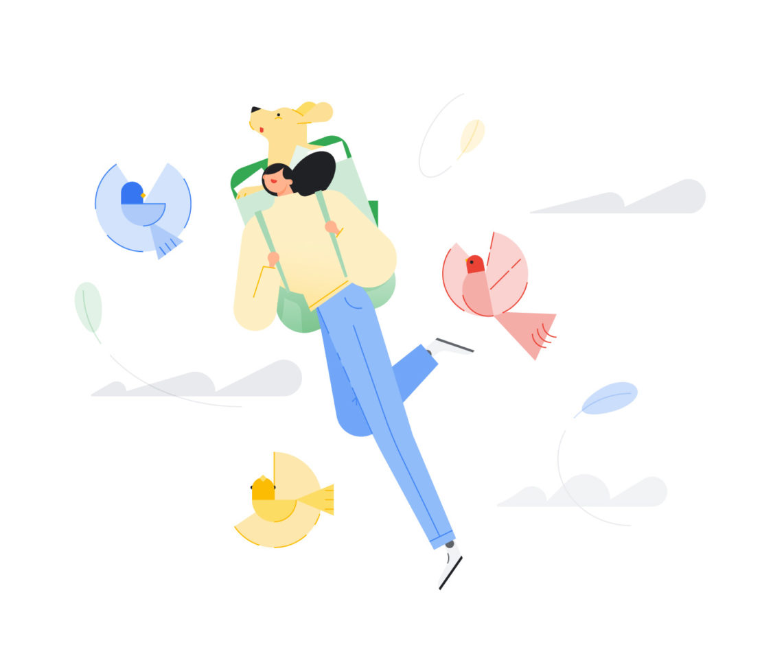 Illustration of child riding dog with birds, minimal shapes, light color palette, playful, whimsical, cheerful, and cartoon-style.