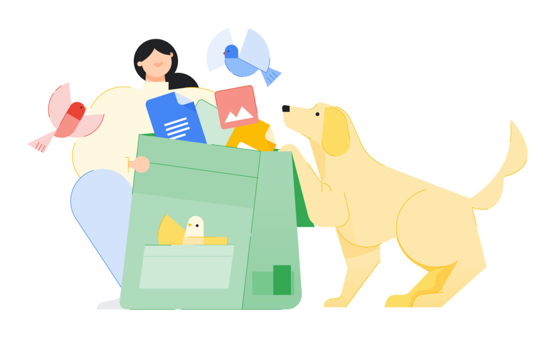 Illustration features a woman, a dog, floating papers and birds against a white backdrop, offering a playful, lighthearted feel.