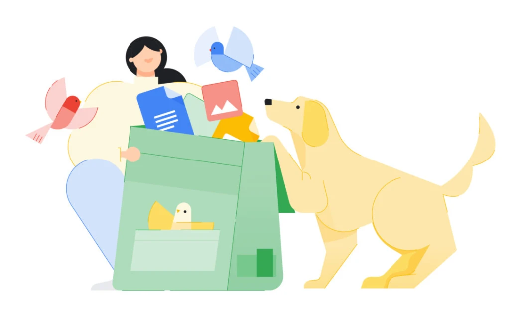 Illustration features a woman, a dog, floating papers and birds against a white backdrop, offering a playful, lighthearted feel.
