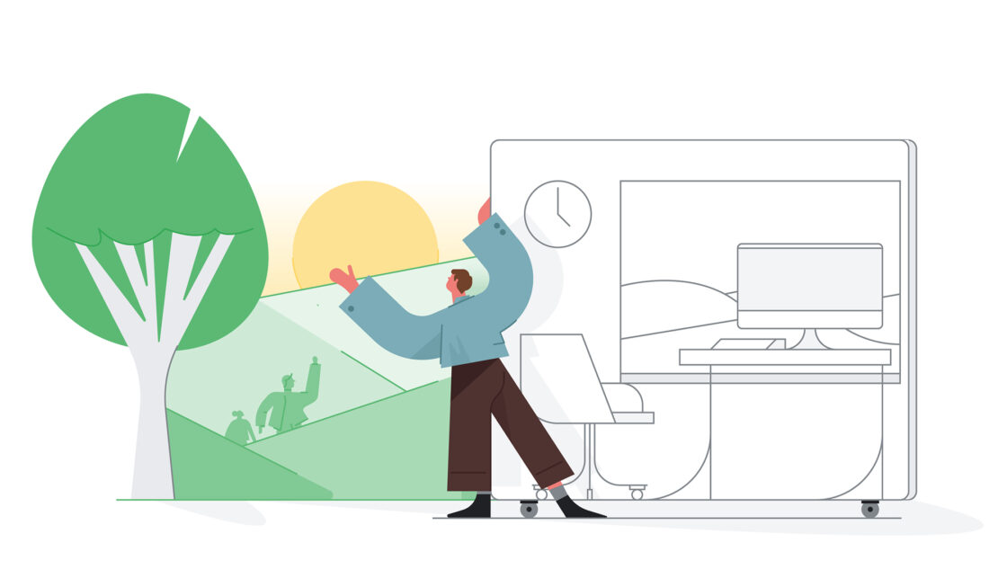 Illustration of a man pushing a portable office with a desk, chair, and computer, against a background of a tree and people in nature.