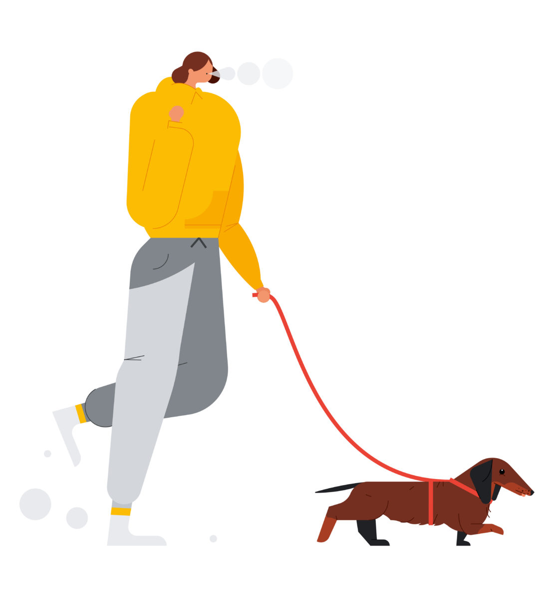 Illustration of a person walking a dachshund dog, featuring a yellow hoodie, neutral-colored pants, and a simple, clean design.