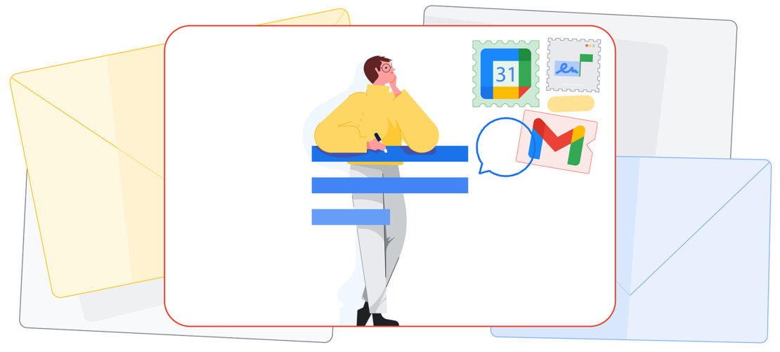 Illustration of a person writing emails, featuring Google Calendar and Gmail logos, set against a backdrop of email envelopes.