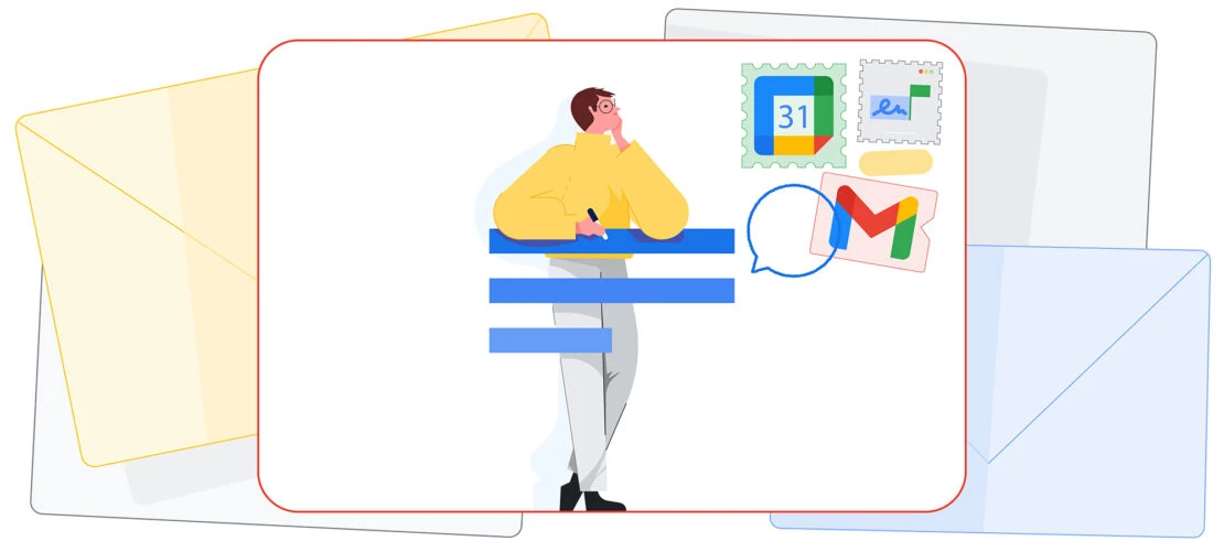 Illustration of a person writing emails, featuring Google Calendar and Gmail logos, set against a backdrop of email envelopes.