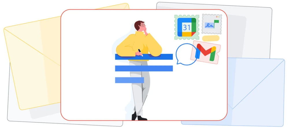 Illustration of a person writing emails, featuring Google Calendar and Gmail logos, set against a backdrop of email envelopes.