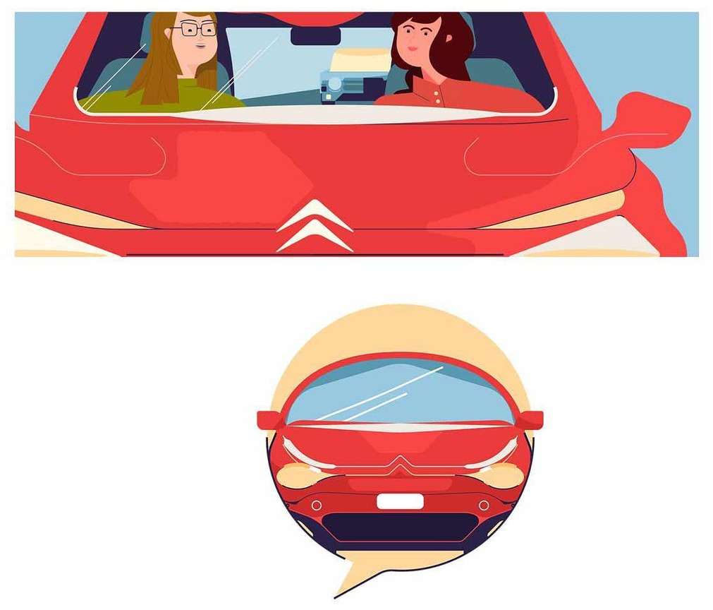 Illustration of two women in a red car. Automotive advertisement, digital vector art, driving illustration.