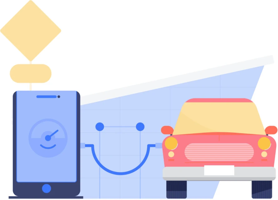 Illustration of a connected car and phone, showcasing vehicle technology with a car connected to a phone via a blue line.