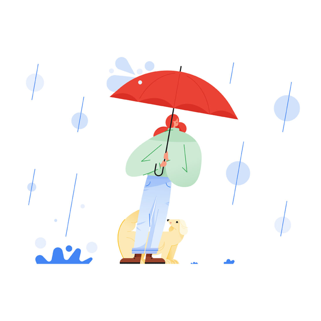 Illustration of a person with an umbrella walking a dog in the rain. The art style is cartoonish and simple, with bright colors.