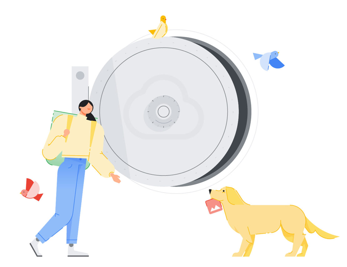 Stylized illustration of a woman, dog carrying a photo, and birds near a large circular safe with a cloud symbol on it.
