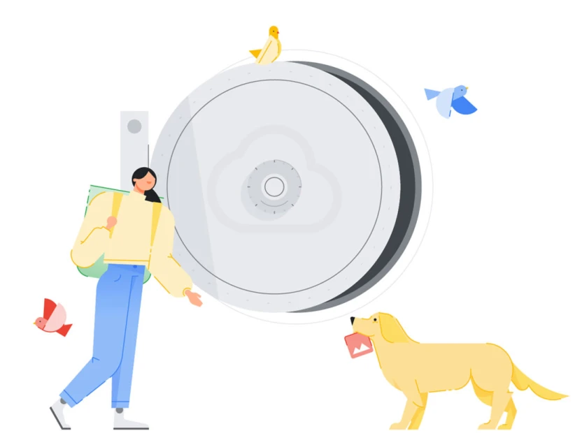 Stylized illustration of a woman, dog carrying a photo, and birds near a large circular safe with a cloud symbol on it.