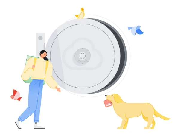 Stylized illustration of a woman, dog carrying a photo, and birds near a large circular safe with a cloud symbol on it.